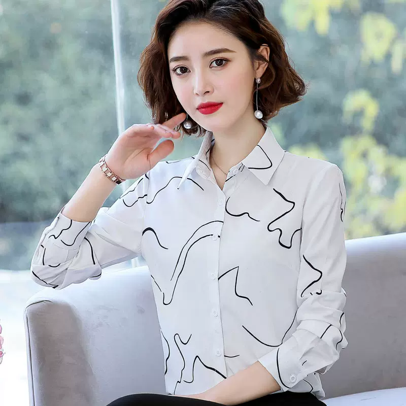 2025春季新款女式雪纺衬衣翻领上衣长袖抽象印花白小众修身衬衫女