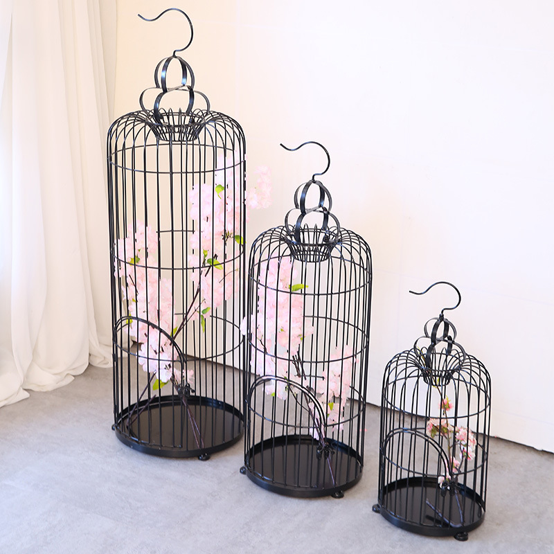 Simple moderno negro pájaro jaula decoración boda apoyos piso-pie hierro pájaro jaula floral artesanía