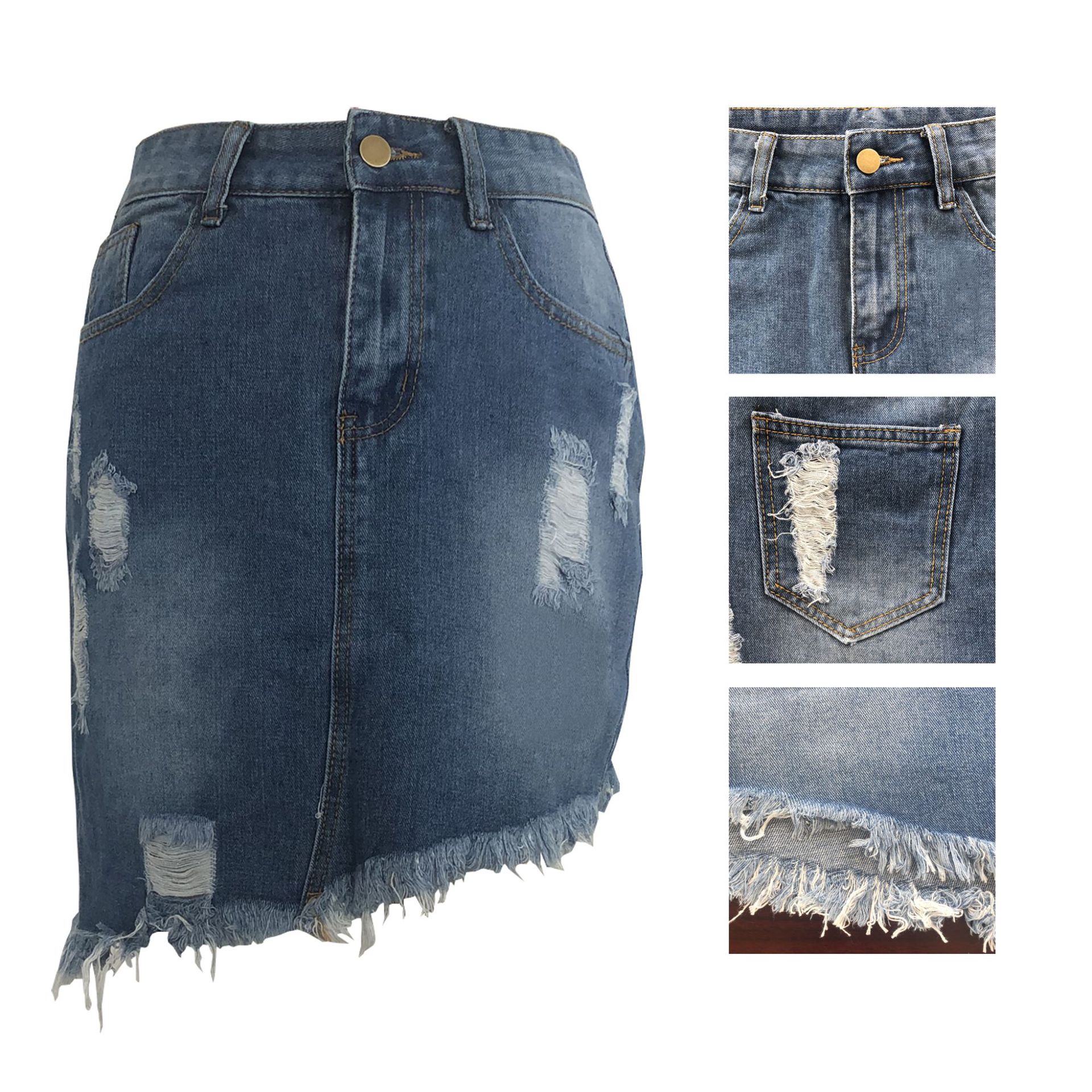 Sexy All-Match Hand-Frayed High Waist Irregular Denim Skirt NSSF64715