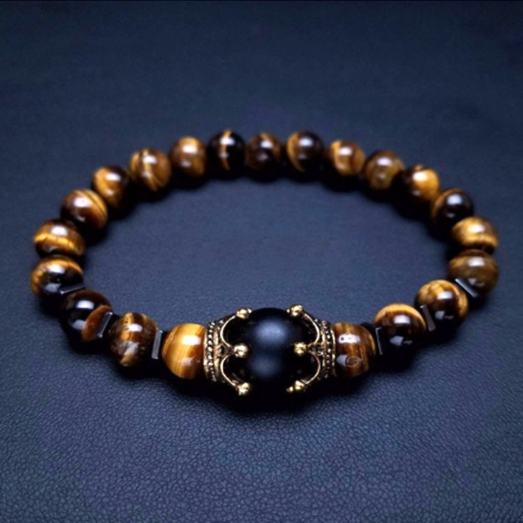 Cross-border new charm men's bracelet fashion luxury alloy crown tiger eye stone bead bracelet jewelry male