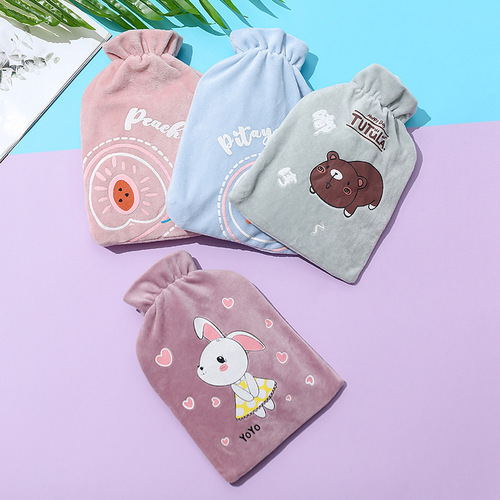 Cartoon velvet hot water bottle, thickened hand warmer, drawstring warm water bag, hot water bottle, hot water warmer, PVC water filling bag