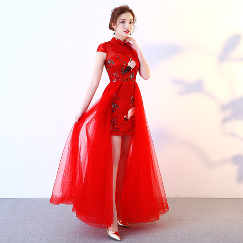 Red Yellow Royal blue Evening party dress for women girls cocktail wedding party birthday celebration tuxedo long dress model show miss etiquette qipao dress