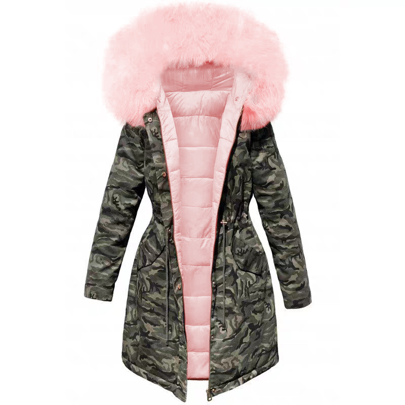 Damvinterjacka med pälskrage fodrad lång varm parkas_voghion.com