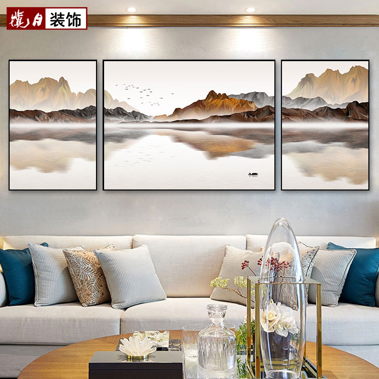 a living room Decorative painting sofa Background wall Hanging picture atmosphere Triplet Landscape painting New Chinese style Restaurant mural Backing