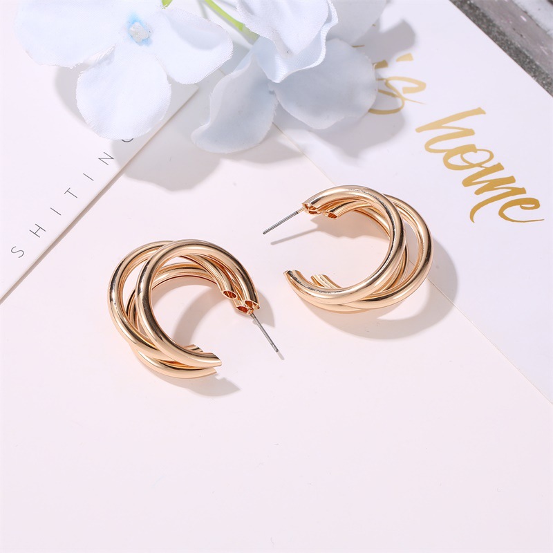 New Metal Three-layer Semicircle Cross Fashionable Exaggerated C-shaped Earrings Wholesale display picture 4