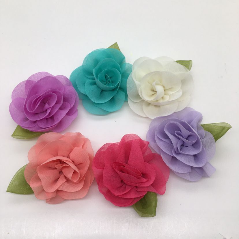 韩版绿叶雪纺花朵宝宝女孩头饰鞋帽花服饰配件服装辅料装饰玫瑰花