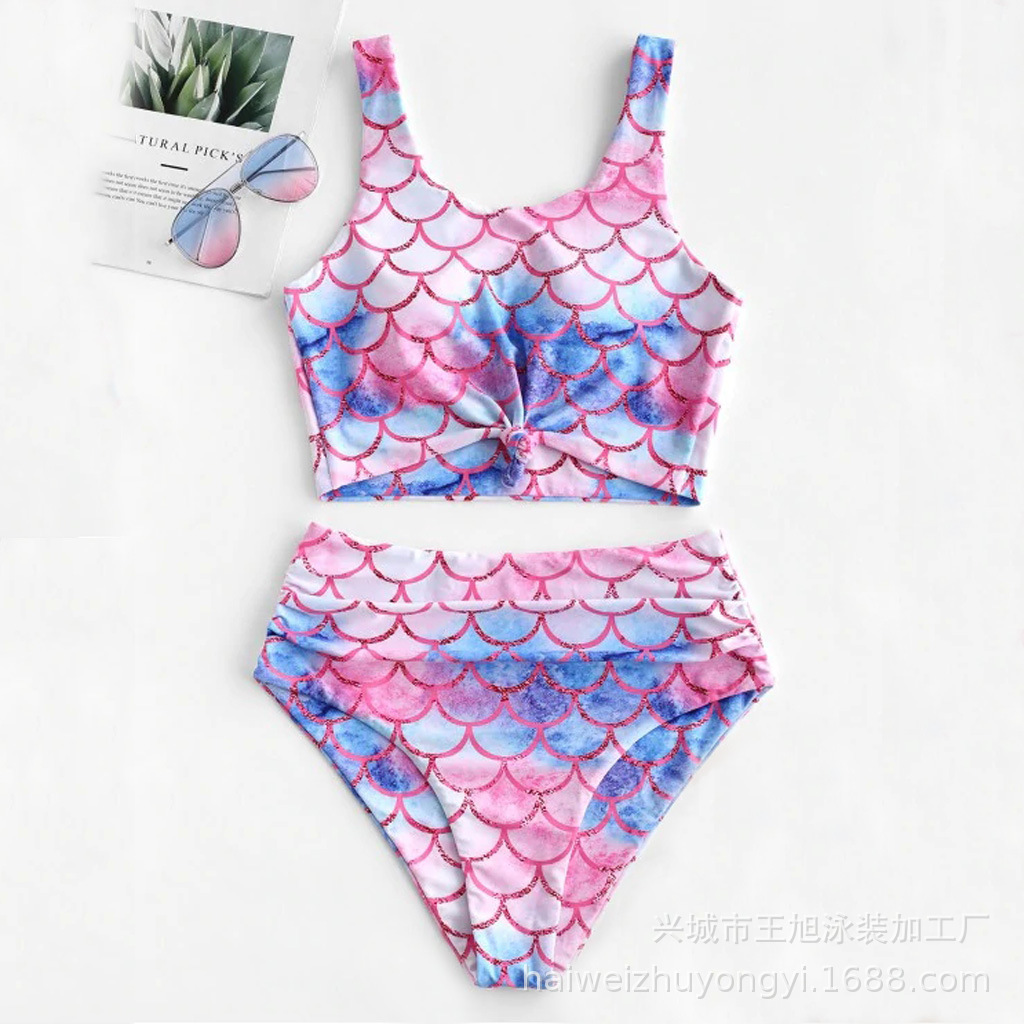 Fish Scale Print High Waist Sexy Bikini Split Swimsuit Women