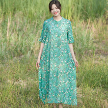 中国风棉麻连衣裙夏枝牌中式小立领绿色小碎花印花短袖禅意长袍