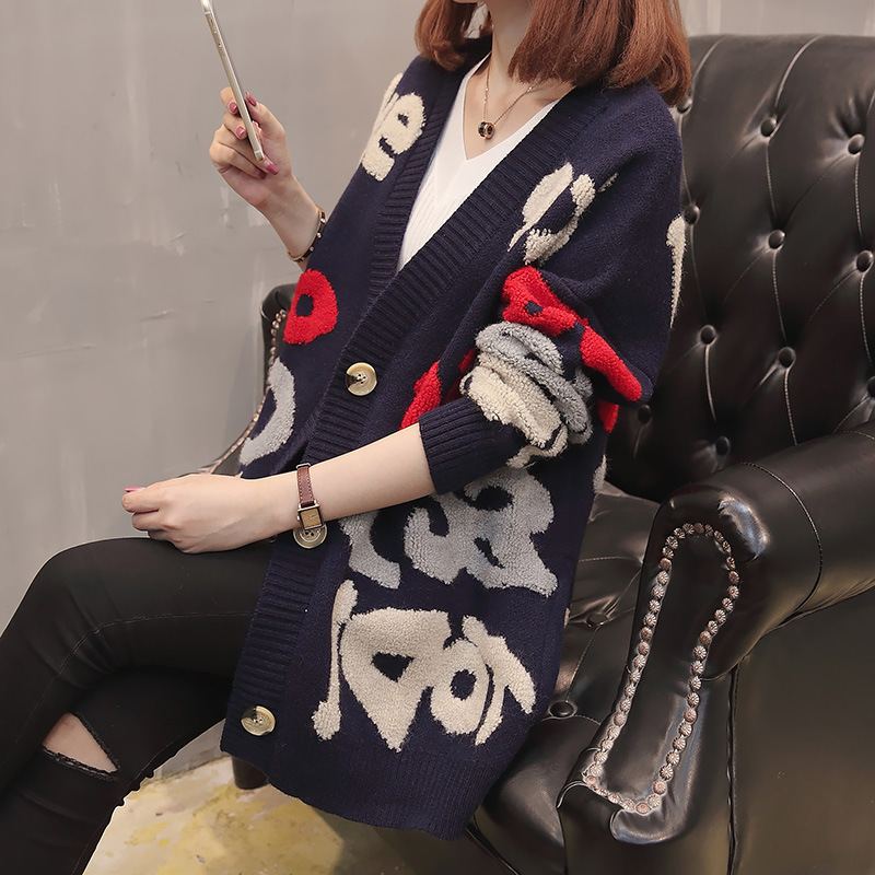 Cárdigan de punto informal con estampado de letras y manga larga 2025, estilo coreano, holgado, para embarazadas, otoño, nuevo suéter con bloques de color, chaqueta para mujer image 8