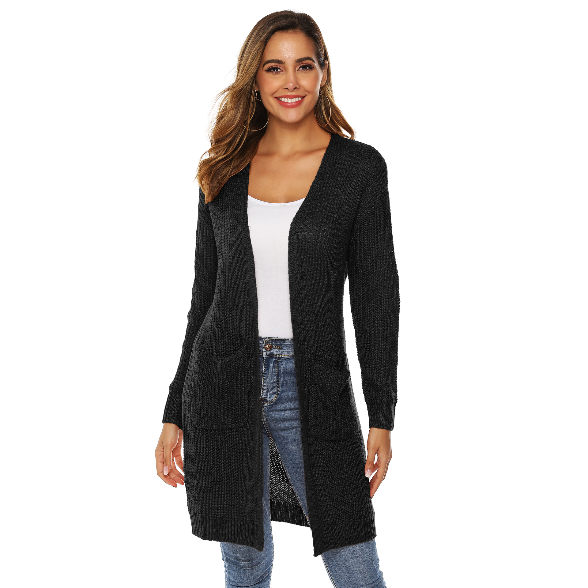 solid color big pocket mid-length wool cardigan  NSOY28467