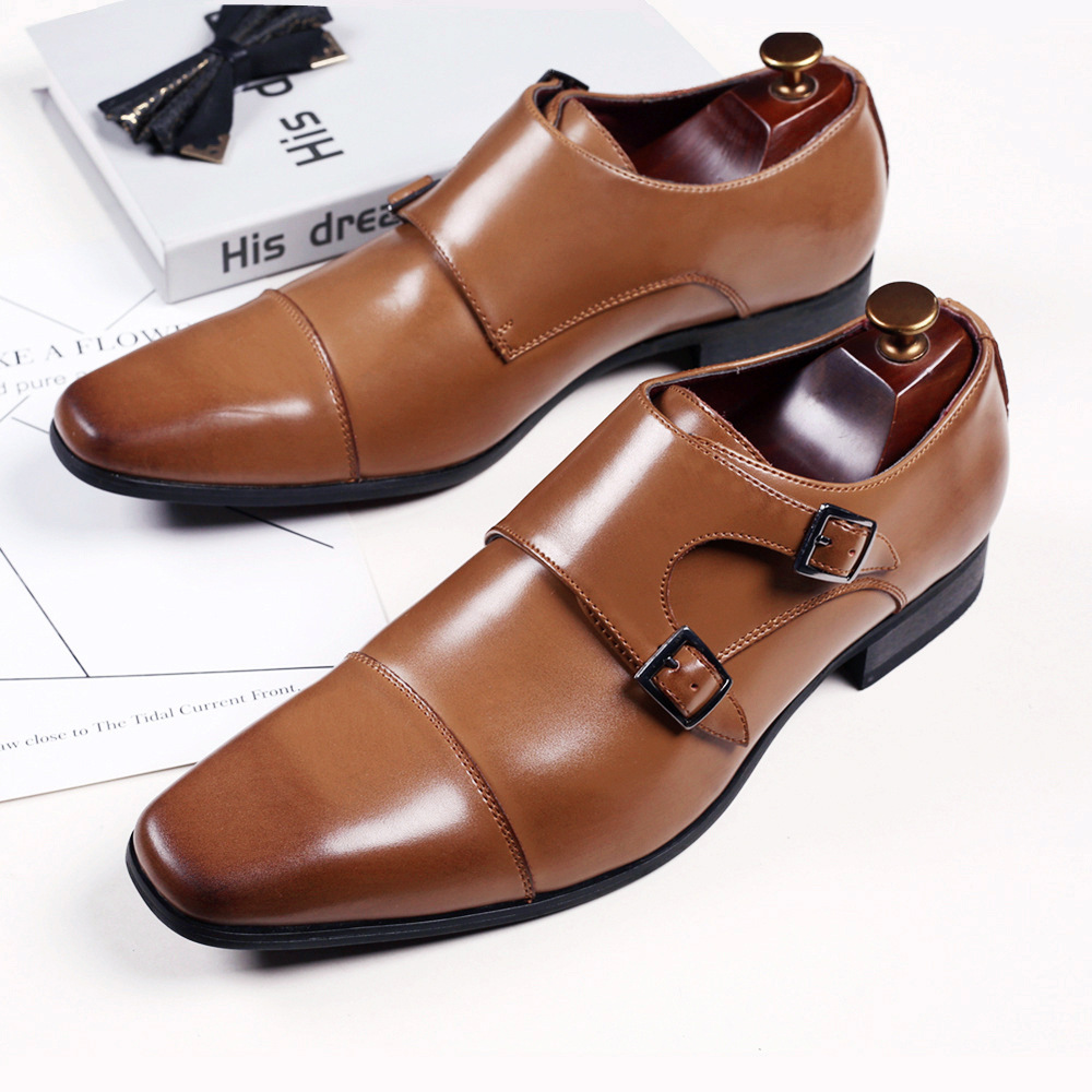 Men'S Business Leather Shoes Square Head Formal Shoes Casual Shoes Three Joint Mengke Buckle Monk Shoes