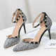 9928-16 Korean riveted women's sandals, pointed thin-heeled single-shoe nightclub high-heeled women's shoes