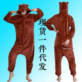 呆呆熊动物卡通连体睡衣男女士长袖情侣冬季外贸家居服加厚保暖
