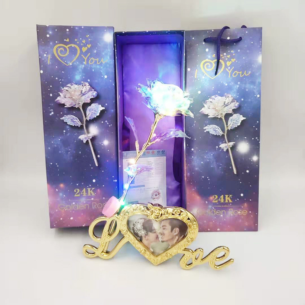 24k金箔彩金发光玫瑰花带小熊底座套装七夕情人节礼物创意礼品|ms