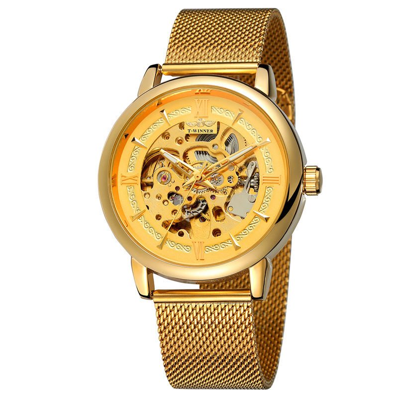 Ganador reloj mecánico automático de los hombres moda hueco transparente Fondo volante Acero inoxidable malla cinturón reloj mecánico B099