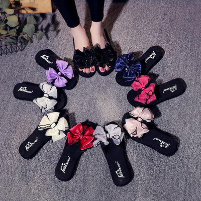 新品熱銷坡跟壹字拖防滑耐磨厚底蝴蝶結沙灘鞋夏舒適涼拖鞋女批發