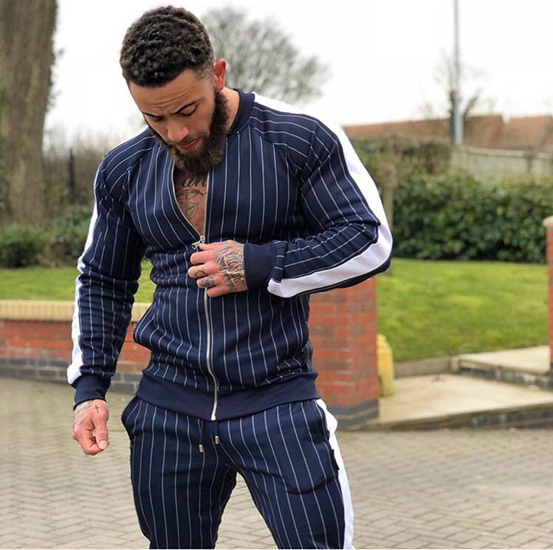muscle Brother new pattern Bodybuilding Autumn and winter Men's motion stripe Cardigan Sweater Elastic force Bodybuilding run Zipper shirt