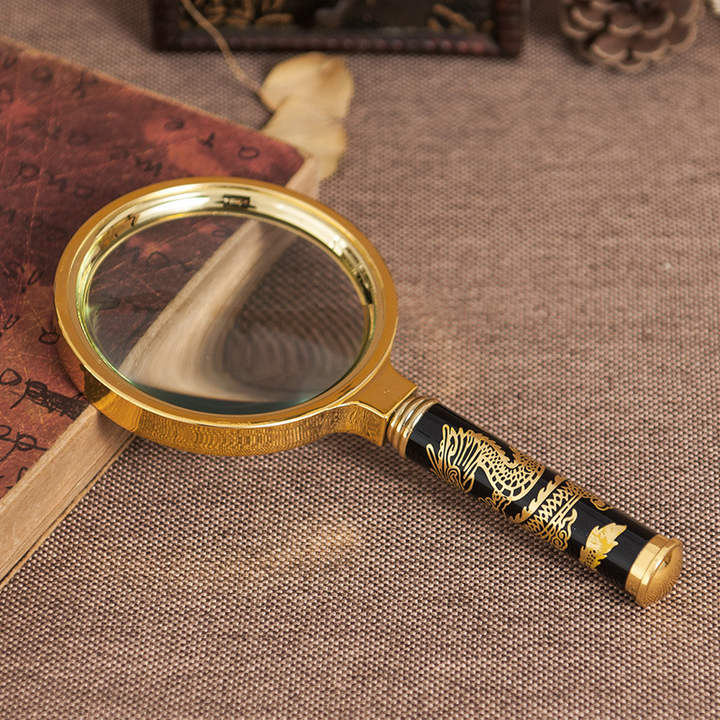 High-magnification, high-definition, multi-size, multi-magnification glass lens with dragon pattern handle, elderly reading repair handheld magnifying glass