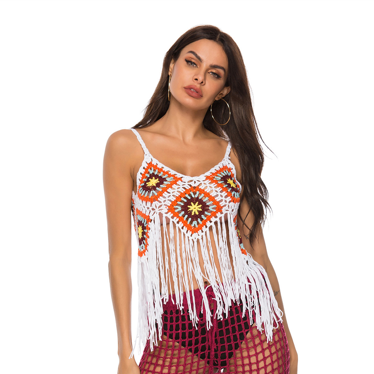 2019跨境新款手勾花流苏双面穿吊带衫比基尼泳衣外搭沙滩罩衫女