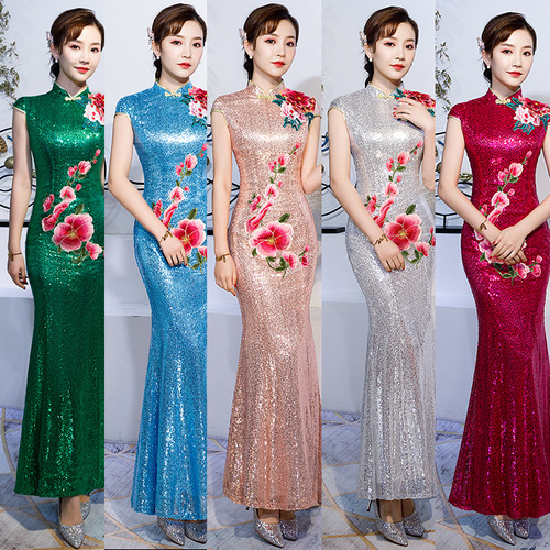 Women sequined Chinese dresses host singers performance Cheongsam miss etiquette fishtail character lady cheongsam