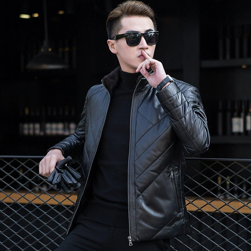Down jacket, genuine leather, Korean style, for middle age