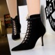 83189-2 European and American fashion sexy nightclub show thin high heel suede pointed tie cross tie hollow short boots