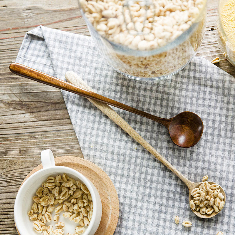 Mujiji de estilo japonés de mango largo cuchara de madera cuchara de mezcla cuchara de condimento cuchara de sopa de salsa doméstica de madera