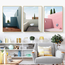 现代简约客厅装饰画几何建筑沙发背景墙壁三联画粉色风景餐厅挂画