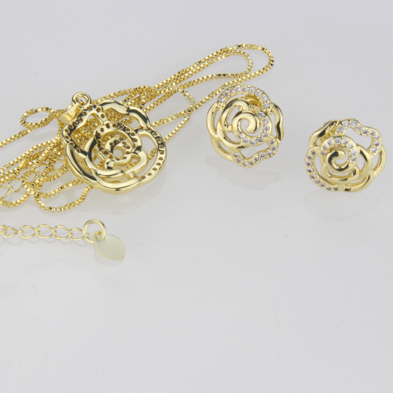 Rose Earring Necklace Set Gold Plated Platinum Plated Flower Zircon Pendant Ear Pins display picture 2