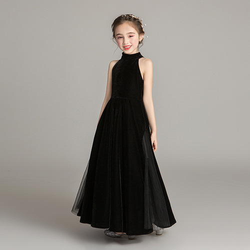 Children's Formal Dress 2024 New Arrival Black Sleeveless Model Runway & Host Long Piano Performance Outfit Girls' Princess Dress