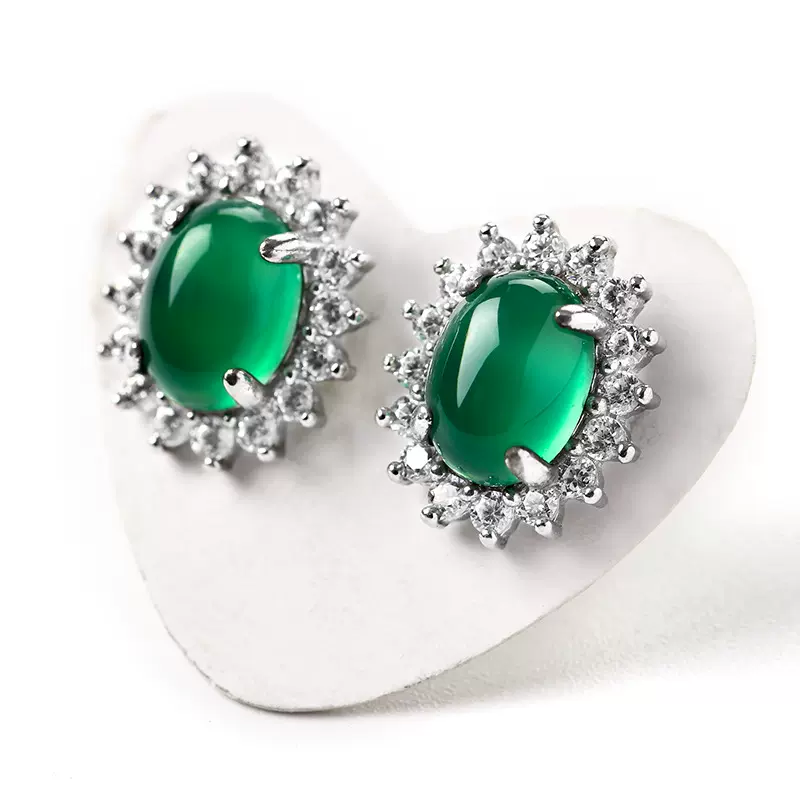 巴西冰种天然绿玉髓满钻耳钉 豪镶满绿翡翠色戒指 925纯银戒指女