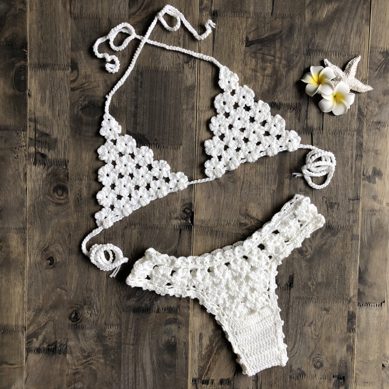 hand crocheted hanging neck backless solid color bikini suit NSYZT126307