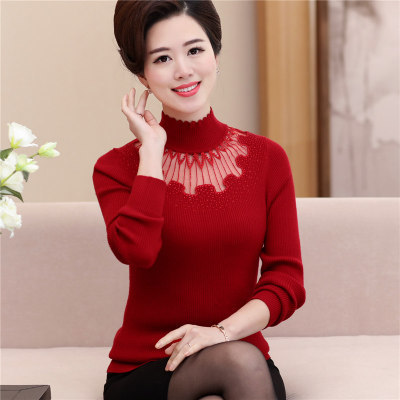 Middle-aged and elderly women's woolen sweater organization stretch shirt fashion lace embroidered mother's autumn and winter bottoming shirt wholesale