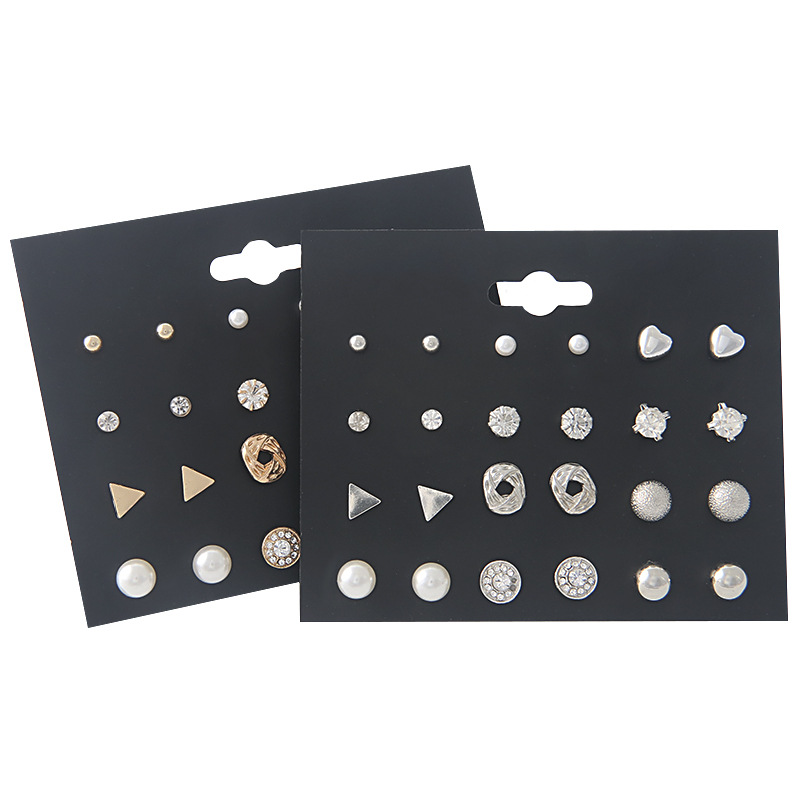 Simple Pearl Earrings Six-claw Zircon Inlaid Diamond Pearl Geometric Earrings 20 Pairs Set display picture 4