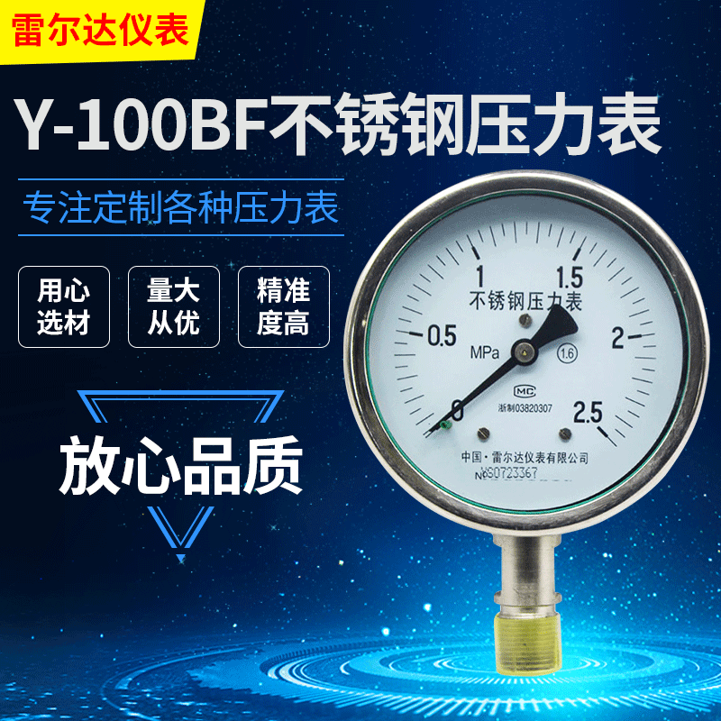 雷尔达仪表 厂家供应不锈钢压力表Y-100BF 压力仪表 水压表
