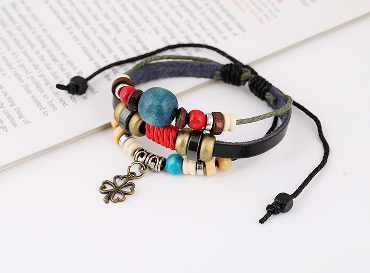 New Alloy Clover Clover Beaded Leather Bracelet