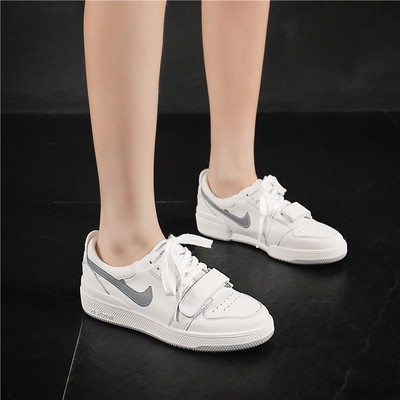 韩版魔术贴小白鞋2019春季新款真皮休闲运动鞋女低帮牛皮系带女鞋