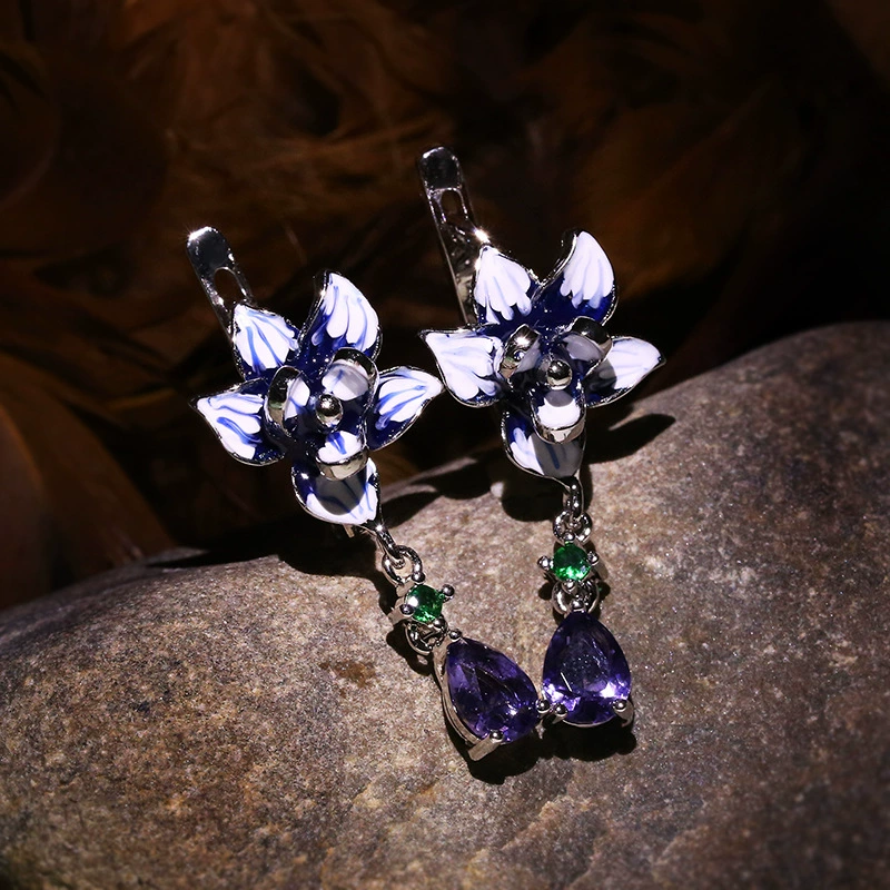 Floral pendant and earring set, zircon stones with enamel detailing, European style