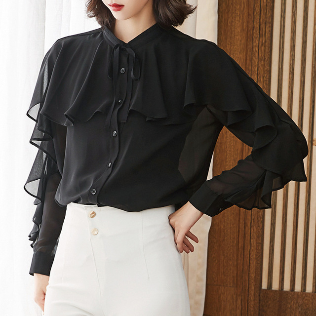Black perspective shirt women’s light mature fashion western style Ruffle lace up Collar Chiffon Top