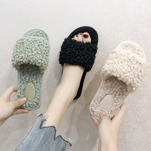 2019 autumn and winter new style curly plush slippers for women's home indoor wooden floor slippers, comfortable plush slippers for confinement