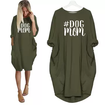 【 Spot 】 Amazon wish# DOG MOM Autumn and winter long sleeved loose large size irregular dress