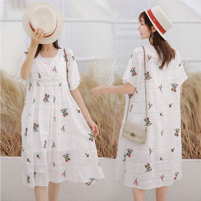 A generation of fat maternity dress 2019 new pattern Short sleeved Dress Korean Edition Embroidery Cotton and hemp Two piece set