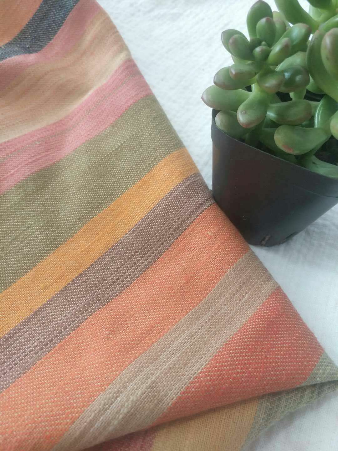 亚麻棉色织斜纹彩条布 棉亚麻混纺斜纹条纹布  亚麻棉彩条围裙布