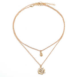 2019欧美新款时尚个性百搭合金镶钻圆片贝壳多层项链饰品女批发