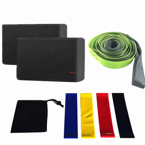 Yoga bricks eight-piece set 12-hole yoga stretch straps one pair of yoga bricks latex tension straps black storage bag cross-border