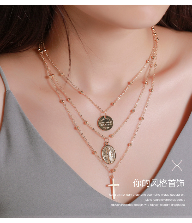 New Necklace Metal Three-layer Alphabet Christian Jesus Pendant Necklace Multilayer Cross Necklace display picture 2