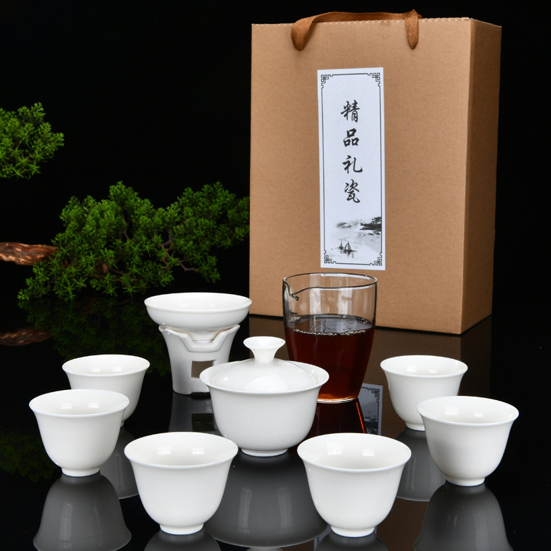 Ceramic Kung Fu Tea Set Chinese Household Dehua White Porcelain Cover Bowl Tea Cup Complete Set of Tea Set Gift logo Engraving