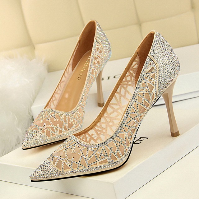 banquet high heel shallow mouth pointed mesh hollow shiny diamond  
