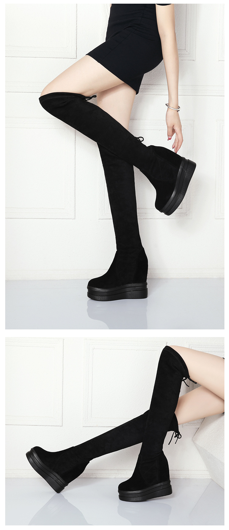 Boot nữ cổ cao ôm bắp chân co giãn, dáng qua gối, đế bệt — Lót lông đen chi tiết 5