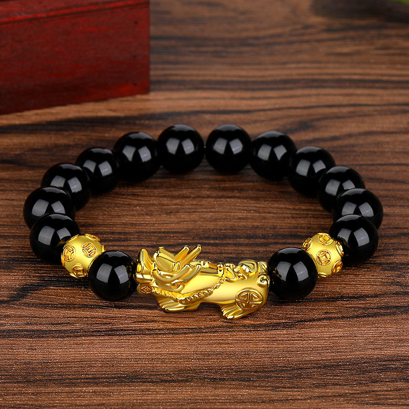 Vietnamese gold plated Pixiu bracelet obsidian Buddhist beads bracelet imitating 999 gold hard gold large Pixiu color preservation_voghion.com